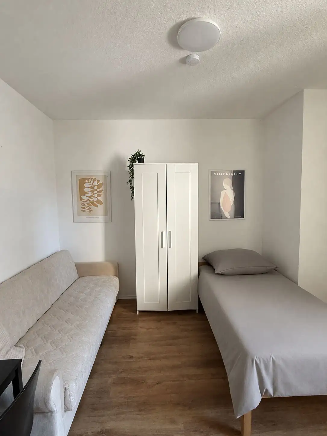 Kombinierter Wohn- und Schlafraum mit einem Einzelbett und einem bequemen Schlafsofa in einer Unterkunft für Monteure.